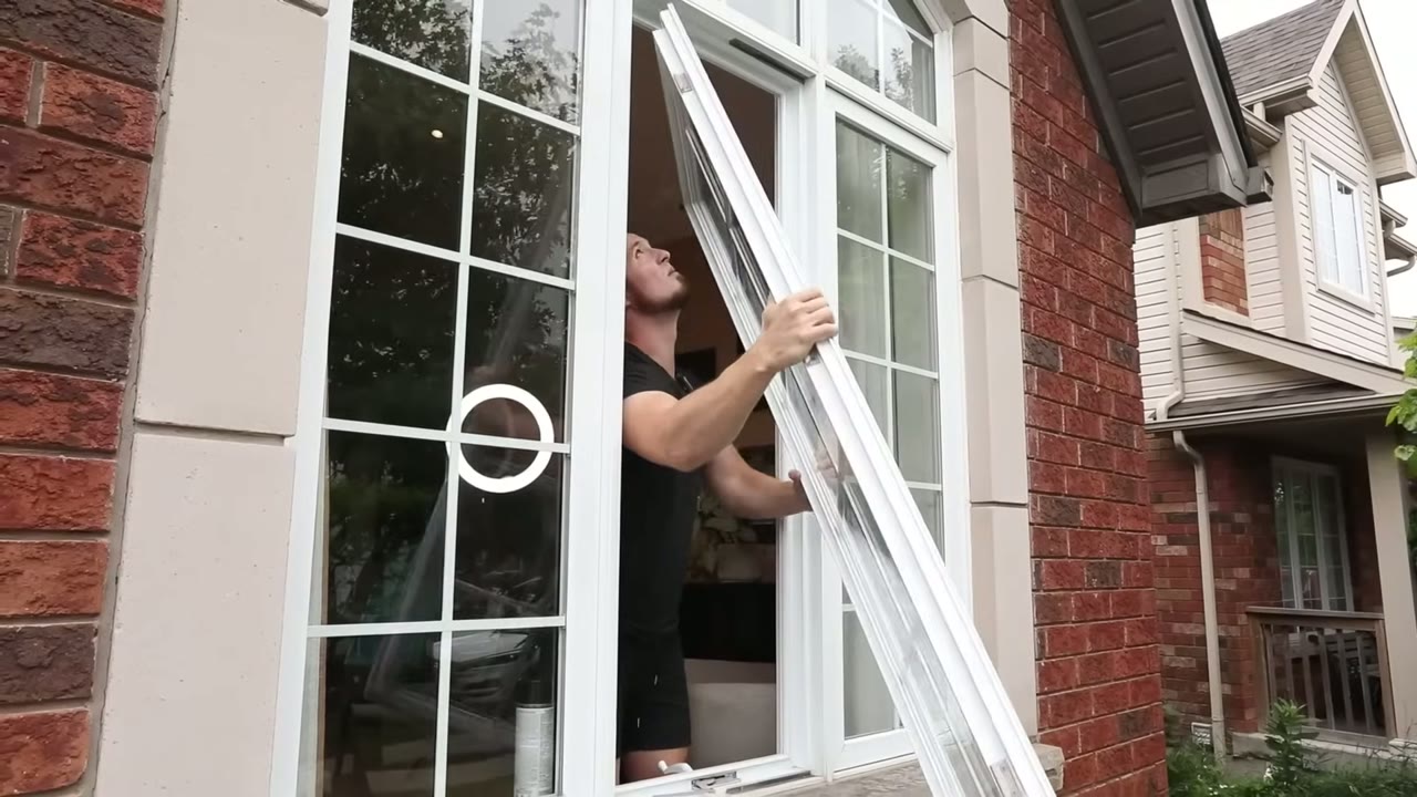 Casement sash lifting free of the frame — nothing holds it once both hinge arms are off