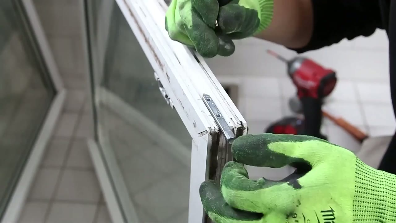 New stainless pivot bar lined up on the bottom corner of the sash before the screws go in